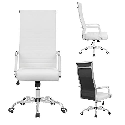 Kaimeng Ribbed Office High Back Pu Leather Desk Adjustable Swivel Task Computer Chair With Armrest For Conference Study Leisure, White #TOP6