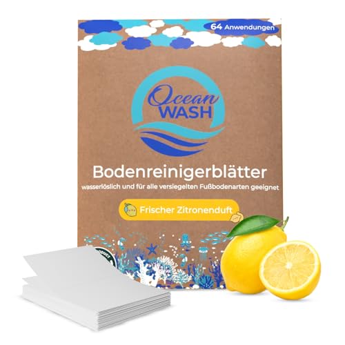 OceanWash Bodenreiniger Blätter mit Zitronenduft, 64 Anwendungen, starker Floor Cleaner für gründliche Bodenreinigung, ideal für Laminat, Holz, Fliesen und versiegelte Böden, biologisch abbaubar
