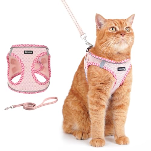 Rttochfy Cat Harness and Leash Set, Escape Proof Kitten Harness, Soft and Breathable Vest with Reflective Strip, Easy to Wear for Cats Walking and Traveling (Pink, S)