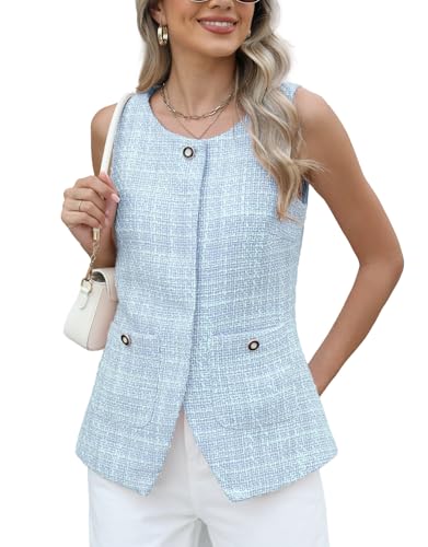 Kedera Women's Blue Houndstooth Tweed Blazer Vest Sleeveless Button Down Slim Fit Casual Blazer Jacket