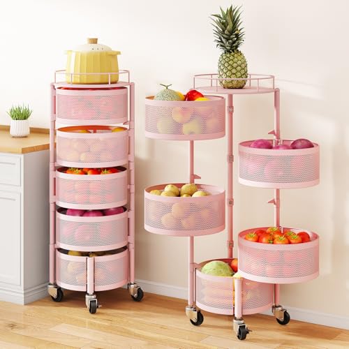 SAYZH Fruit Vegetable Basket for Kitchen Rotating Storage Rack 5 Tier Rolling Cart with top lid Large Metal Wire Wheels Pink