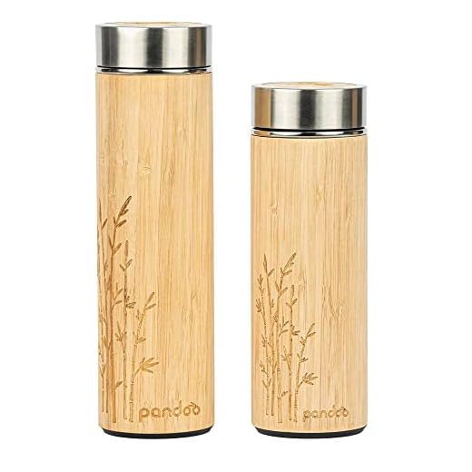 pandoo Bambu termosmugg – dubbelväggig termoflaska, resemugg, tebehållare, dryckesflaska med rostfritt stål tesil – BPA-fri – te-till-go