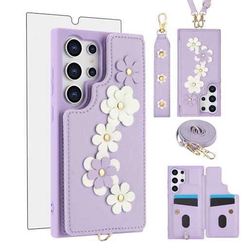 Coque Samsung S24 Ultra Asuwish - Étui portefeuille fleuri avec protection écran