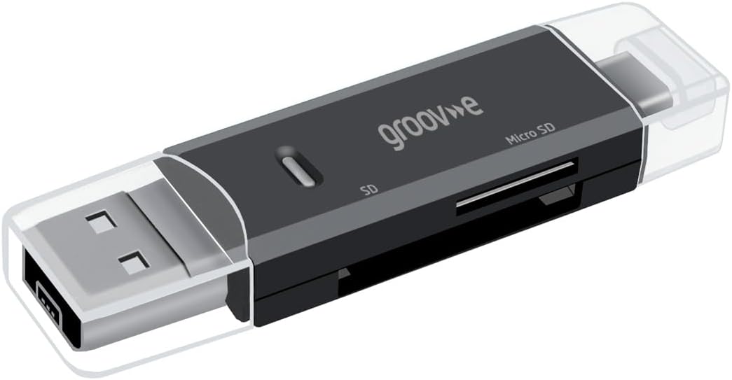 Groove-e Memory Card Reader - Portable Card Reader with Dual Card Slots - For SD & Micro SD Cards - USB-A, USB-C, & Micro-USB Compatible - Plug & Play