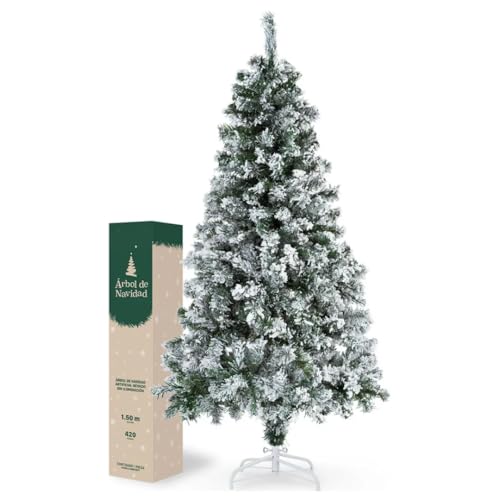 Nakloe - Arbol de Navidad nevado - (150cm) - Árbol de Navidad Plegable - Nieve Artificial Realista (150cm)