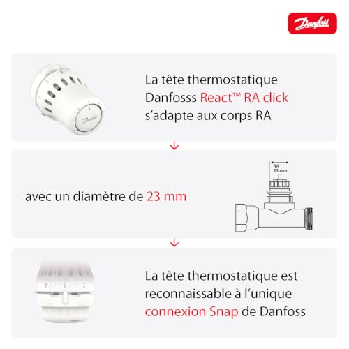 Danfoss React RA Click, Vanne thermostatique de radiateur avec Soufflet thermostatique rempli de Liquide et capteur intégré, 015G3098 – vue 6
