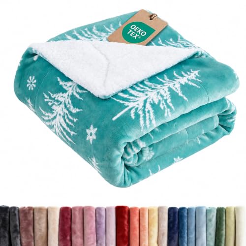 CGK Christmas Sherpa Blanket King Size, Reversible - Snowy Trees, 90x108