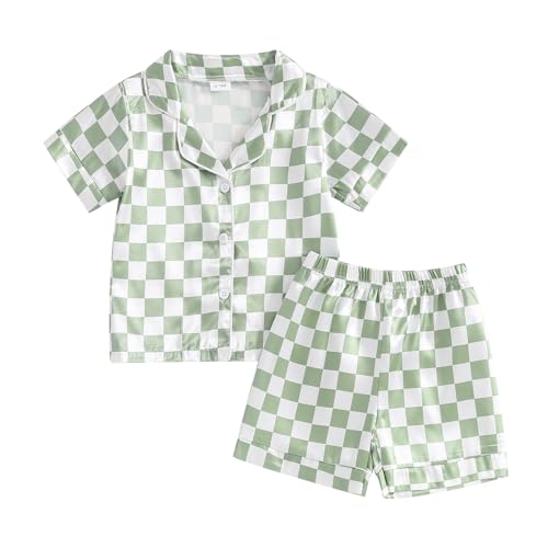 Nokpsedcb Toddler Girl Floral Pajamas Set Short Sleeve Button Down Shirt And Shorts 2Pcs Kids Pjs Loungewear (Green Plaid,12-18 Months)