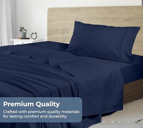 Image of ROYALE LINENS 100% Organic Cotton Twin Sheet Set - Percale Weave - 3 Pieces Set - 1 Flat, 1 Deep Pocket Fitted Sheet and 1 Pillowcases - Navy Bed Sheets - Sabanas Twin - Crisp Cool (Navy)