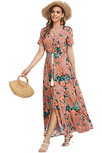 Image of VintageClothing Women's Floral Maxi Dresses Boho Button Up Split Summer Casual Long Dress Beach Party Dress