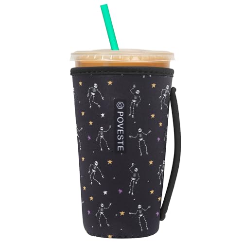 Image of Reusable Neoprene Insulator Sleeve for Iced Coffee & Cold Soda, Coffee Sleeves for Iced & Hot Drinks, Cold Beverage Cooler Compatible with Starbucks, Dunkin (Dance Skull, Large: 32oz)