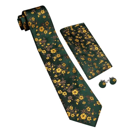 Image of Barry.Wang Flower Ties for Men Handkerchief Cufflinks Set Wedding Necktie Set Party