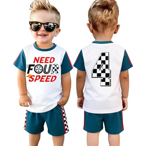 GLIGLITTR 4th Birthday Boy Outfit Need Four Speed Birthday T-Shirts and Race Car Shorts Set Kids 4 Year old Summer Clothes (Dark Blue 4T)