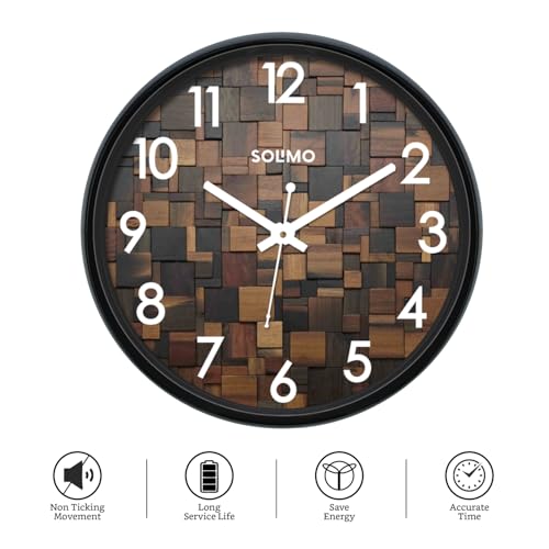 Amazon Brand - Solimo 12-inch Plastic & Glass Wall Clock - Wood Craft (Silent Movement), Black