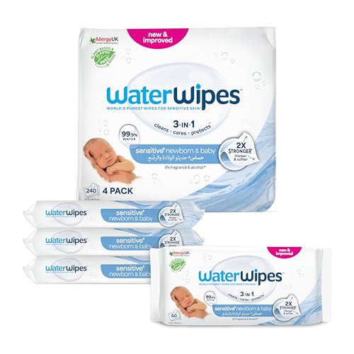 WaterWipes WaterWipes Sensitive Newborn & Baby Wipes 4 Pack 240 Wipes 99.9% Water Fragrance Free & Alcohol Free