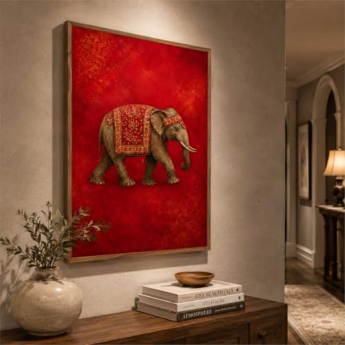 Image of Livin'luxe Royal Elephant Wall Painting for Living Room Bedroom Hall Office Decor, Red Vintage Animal Artwork with Sparkle Laminate and Premium Wooden Synthetic Frame (19.5 x 25.5 Inch) NL01-4108