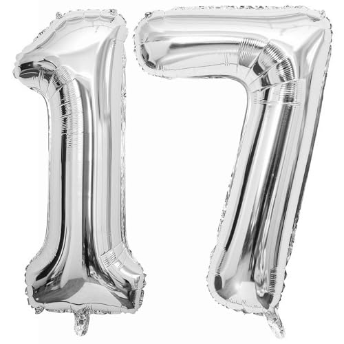 Silver 17 Number Balloons 40 Inch Giant Number 17 Balloons Foil Mylar Helium Silver Number Balloons for 17th Birthday Party Supplies Anniversary Event Celebration Decorations