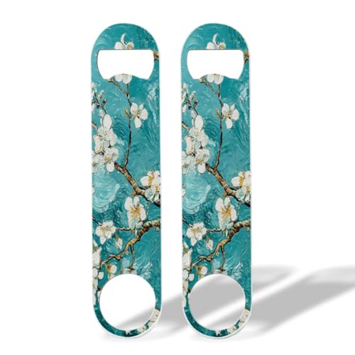 2 PACK Beer Bottle Opener, Stainless Steel Flat Bottle Openers,7 inch Metal Decor,Teal Green Almond Flowers