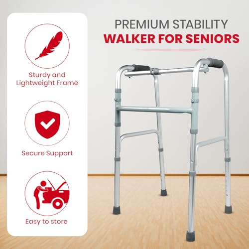 Image of AGEasy (Max Group) Walker for Senior Citizens | Adjustable Height Adult Walker for Patients | Lightweight & Sturdy Walking Stand for Old People | Foldable Walking Aid for Men & Women (Silver)