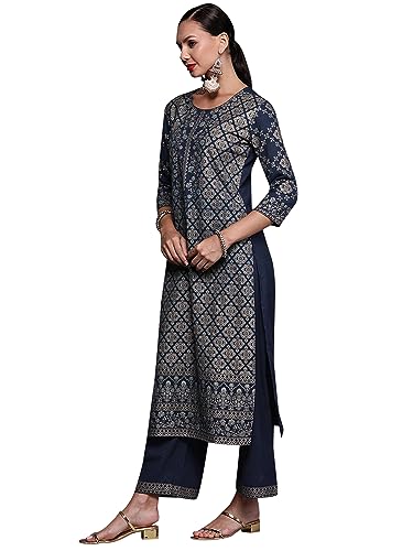 Image of Women Rangpreet Navy Blue Foil Printed Straight Kurta Palazzo With Dupatta Set