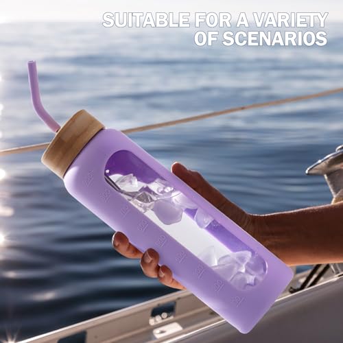 Image of 32oz Glass Water Bottle with Straw and 2 Lids, Purple