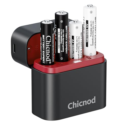 Rechargeable AA Lithium Batteries with Charger, 4 Pack Double A Batteries for Blink Camera, 3800mWh 1.5V Output High Capacity, 4 Slot aa Li-Ion Battery Charger, 1600+ Cycle Life 2H Fast Charging