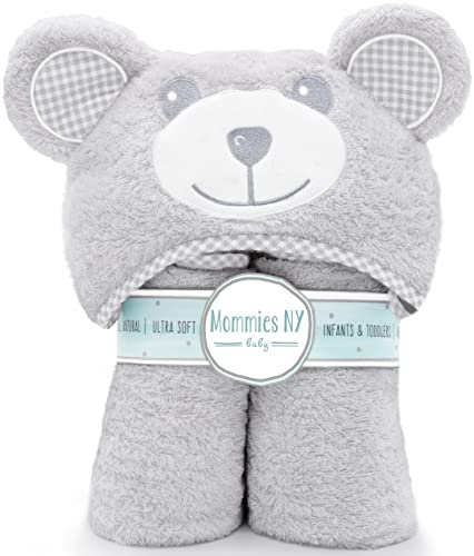 Image of Premium Baby Bath Towel - Ultra Soft Bamboo Viscose Hooded Towel for Boy or Girl - Cute Ears Hood - Large Size for Newborn Infant Toddler - Best Shower Gift (1, Silky Grey Bear)