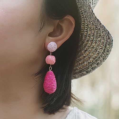 Boho Raffia Earrings Statement Dangle Earrings Cute Teardrop Ball Earrings Colorful Summer Jewelry Handmade Rattan Earrings for Women4