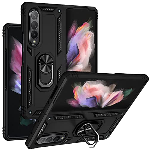 JOYTAG Funda para Samsung Galaxy Z Fold 3 5G Silicona Silicona TPU 360 Grados Anillo Giratorio magnético Soporte Caja del teléfono del Coche-Negro
