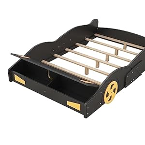 Full Size Race Car-Shaped Platform Bed with Wheels,Solid Wood Bed Frame W/Storage,No Box Spring Required,for Bedroom,Apartment,Guest Room,Black+Yellow Full Size Race Car Shaped Platform Bed with WheelsSolid Wood Bed Frame WStorageNo Box Spring Requiredfor BedroomApartmentGuest RoomBlackYellow