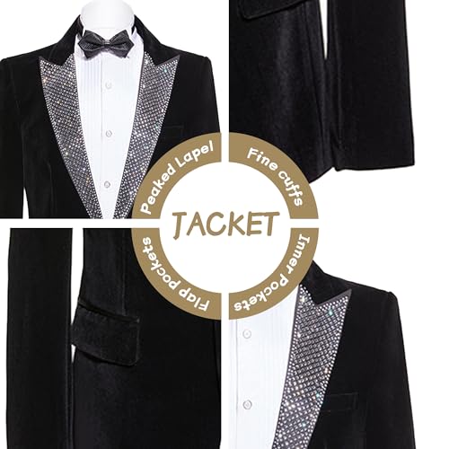 Men's Black Velvet Suit with Sparkling Rhinestones Peak Lapel Tuxedo Set Jacket Pant Bow Tie Set3