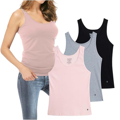 Lucky Brand Women's Tank Top - 3 Pack Stretch Cotton Scoop Neck Ribbed Sleeveless T-Shirt, Camiseta sin Mangas para Mujer