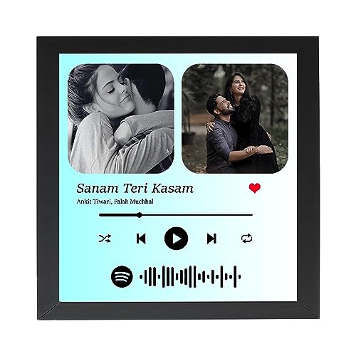 Image of Customized Spotify Song Wall Mount Barcode With Photo&Message Digital Print Wooden Rectangular Photo Frame For Birthday Gifts-Turquoise&White-8X8 Inch