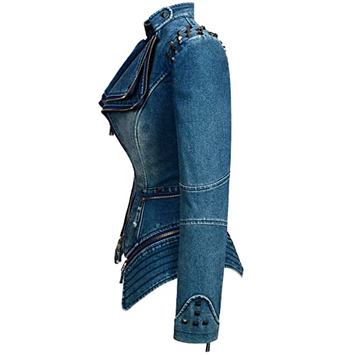 Sx Denim Jacket For Women Zipper Rivet Short Tailcoat Denim Long Sleeve Jean Motorcycle Jacket (Xl, Blue) #TOP1