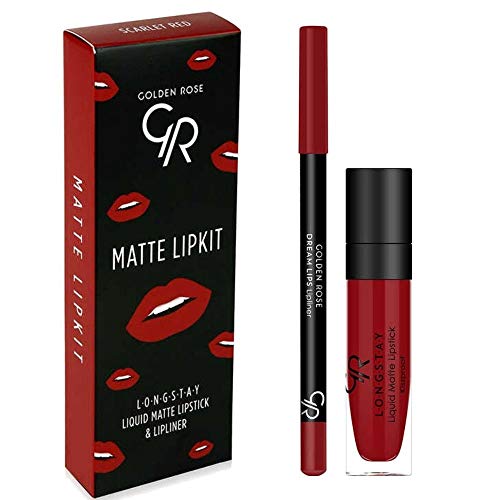 GR Cosmetics lip liner and lipstick set, Matte liquid Lipstick and Lip Liner Pencil Makeup Set, Scarlet Red
