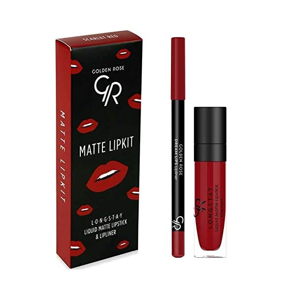 GR Cosmetics lip liner and lipstick set, Matte liquid Lipstick and Lip Liner Pencil Makeup Set, Scarlet Red