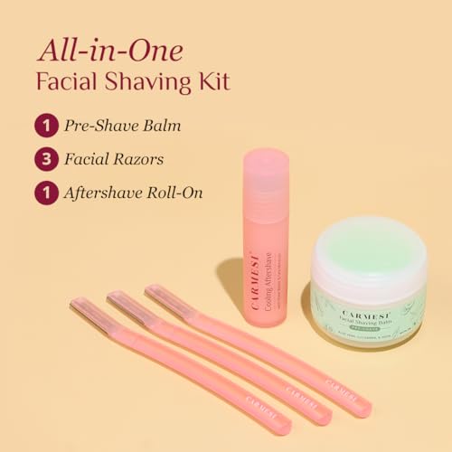 Carmesi All-in-One Face Shaving Kit for Women | 1 Pre-Shave Balm + 3 Reusable Face Razors + 1 Aftershave Roll On | Instant & Painless Facial Hair Removal | Cooling Effect | Soft & Glowing Skin