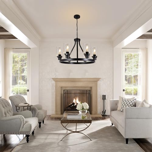 6-Light-Farmhouse-Chandelier-Light-Fixture-Dining-Room-Lighting-Fixtures-Hanging-Wagon-Wheel-Chandelier-Kitchen-Island-Pendant-Lights-Modern-Black-Industrial-Rustic-Adjustable-Height-Metal 6 Light Farmhouse Chandelier Light Fixture Dining Room Lighting Fixtures Hanging Wagon Wheel Chandelier Kitchen Island Pendant Lights Modern Black Industrial Rustic Adjustable Height Metal
