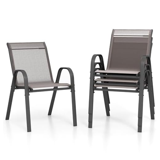 TANGZON Garden Dining Chairs Set of 2/4, Stackable Outdoor Armchairs with Armrests, Modern Accent Chairs for Balcony Poolside Backyard (Grey, 4PCS)