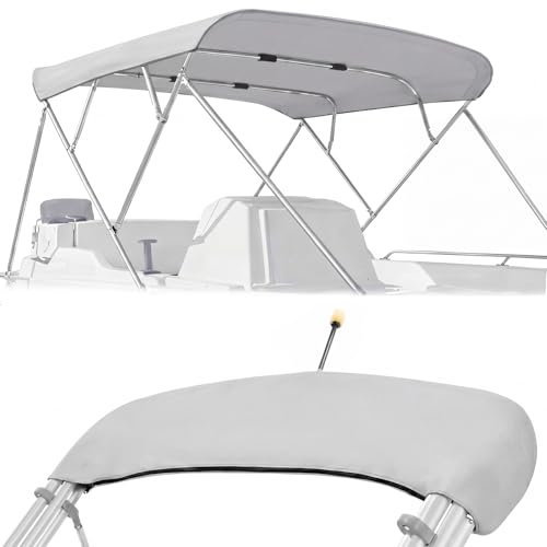 900D Boat Bimini Top Replacement Canvas Cover, 4 Bow 96" L x 97"-103" W Gray Waterproof UV Resistant Marine Canopy with Zipper Sleeves & Storage Boot, Fit Pontoon, Jon Boats (Frame Not Included)