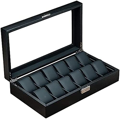 Pealihuy Boîte De Montre 12 Fentes pour Homme Organiseur De Montre Verrouillable en Cuir Noir en Fibre De Carbone pour Montre avec Couvercle en Verre Boîte De Rangement pour Montres Bijoux Bracelet