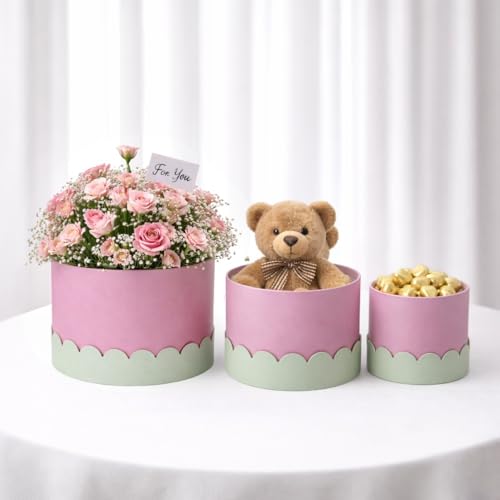 Image of Oasis Pack of 3 Premium Round Gift & Flower Hamper Boxes With Scalloped Lid | Classic Bouquet Box for Flower Arrangements & Gift Hampers | Decorative Gift Packaging Box With Waterproof Liner - Purple & Green