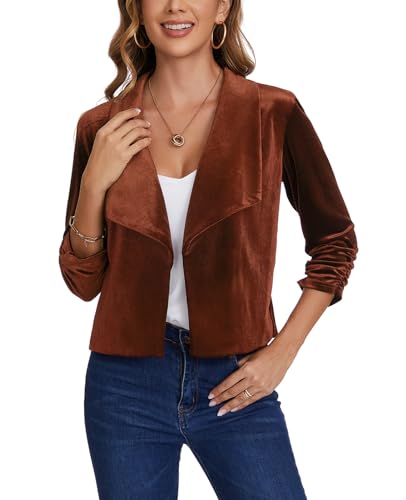 MINTLIMIT Women's Casual Velvet Blazer Jackets 3/4 Ruched Sleeve Shawl Collar Draped Open Front Fall Velvet Blazers4
