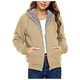 Damen Winter Fuzzy Fleecejacke Reißverschluss Kordelzug Warm Solide Offene Vorderseite Bequeme Lässige Kapuzenmäntel Outwear mit Taschen Khaki L