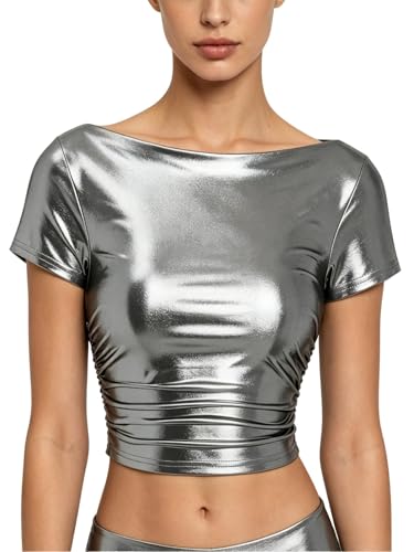 MakeMeChic Womens Metallic Ruched Shiny Crop Top Party Tee Silver Small