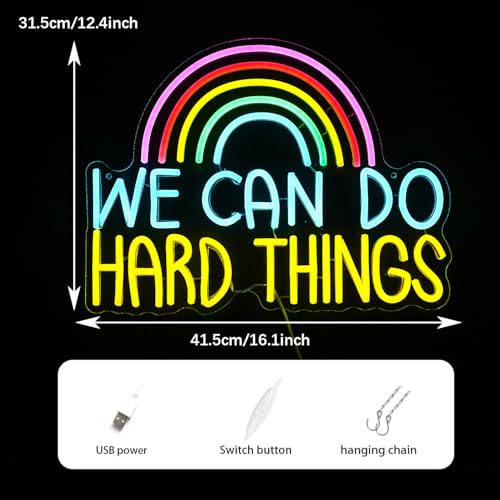 Image of We Can Do Hard Things Neon Sign USB Powered Rainbow Neon Light for Wall Decor Colorful Dimmable LED Light Up Sign for Bedroom Classroom Party Practical Activity Title(16.3 * 12.4In)
