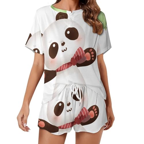 Pyjama panda pour femme avec t-shirt manches courtes et short d'été confortable