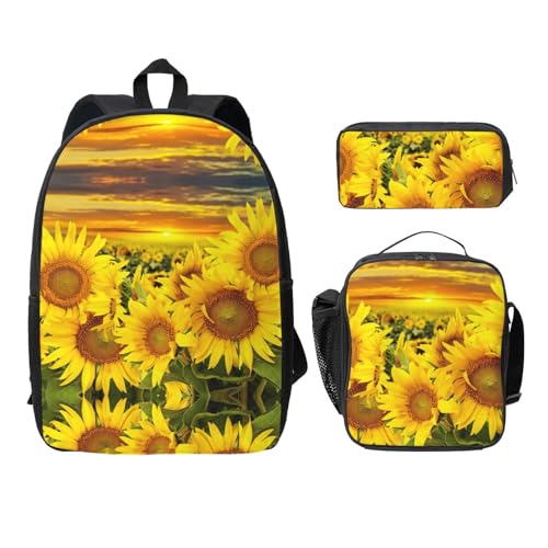 Sac à dos école imprimé tournesol 3 pièces pour collège et sorties pique-nique