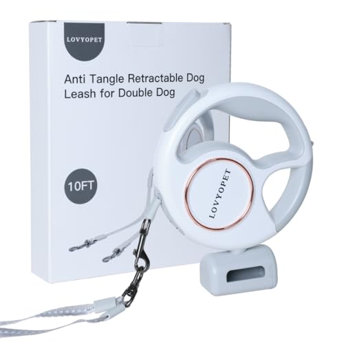 All-in-One Retractable Dual Dog Leash with LED Light and Poop Bag Holder 360 Tangle-Free Swivel One-Touch Brake/Lock Durable Tape & Ergonomic Grip for Two Small Dogs