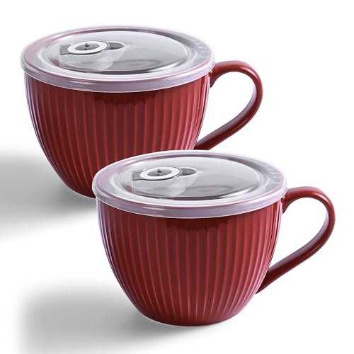 24oz Soup Mug with Handle & Lid, Microwave Soup Bowl/Cup, Red, Set of 2